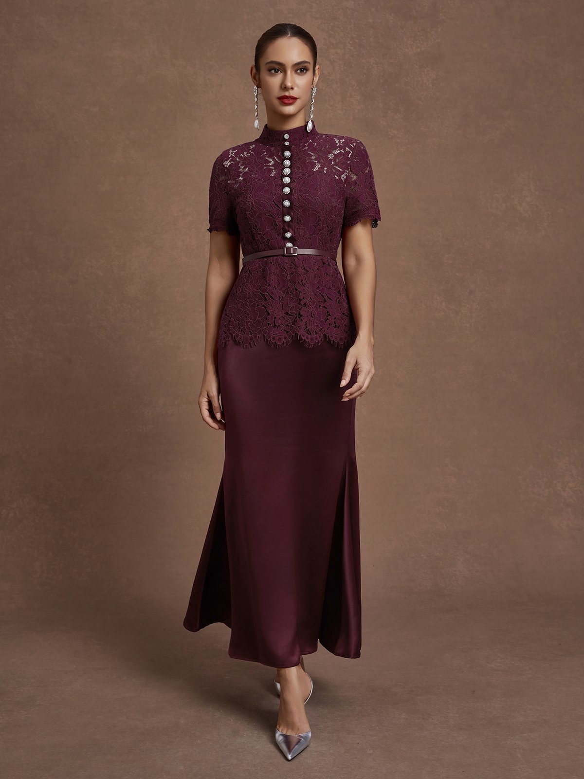 Wine Red Buckle Lace Classic Mock Neck Short Sleeve Mermaid Maxi Dress