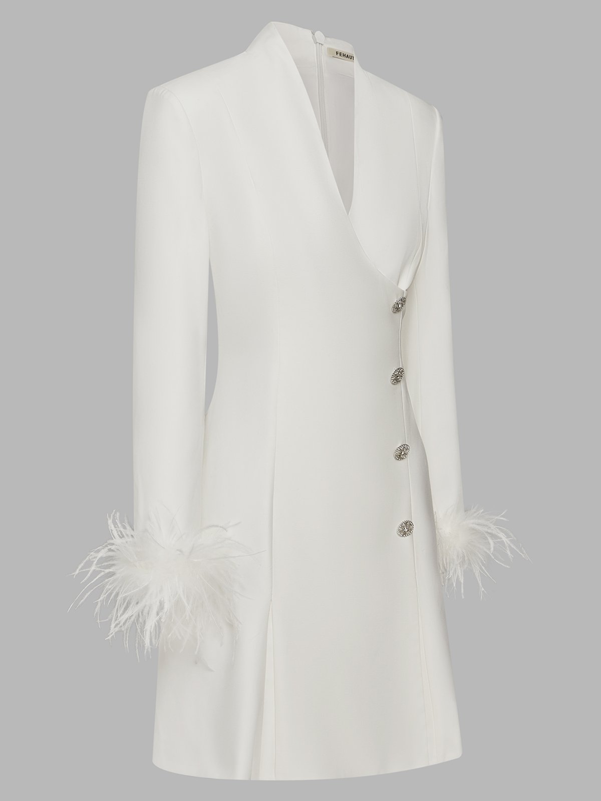 White Feather-trimmed Buckle Classic V Neck Stand Collar Long Sleeve A-Line Mini Dress