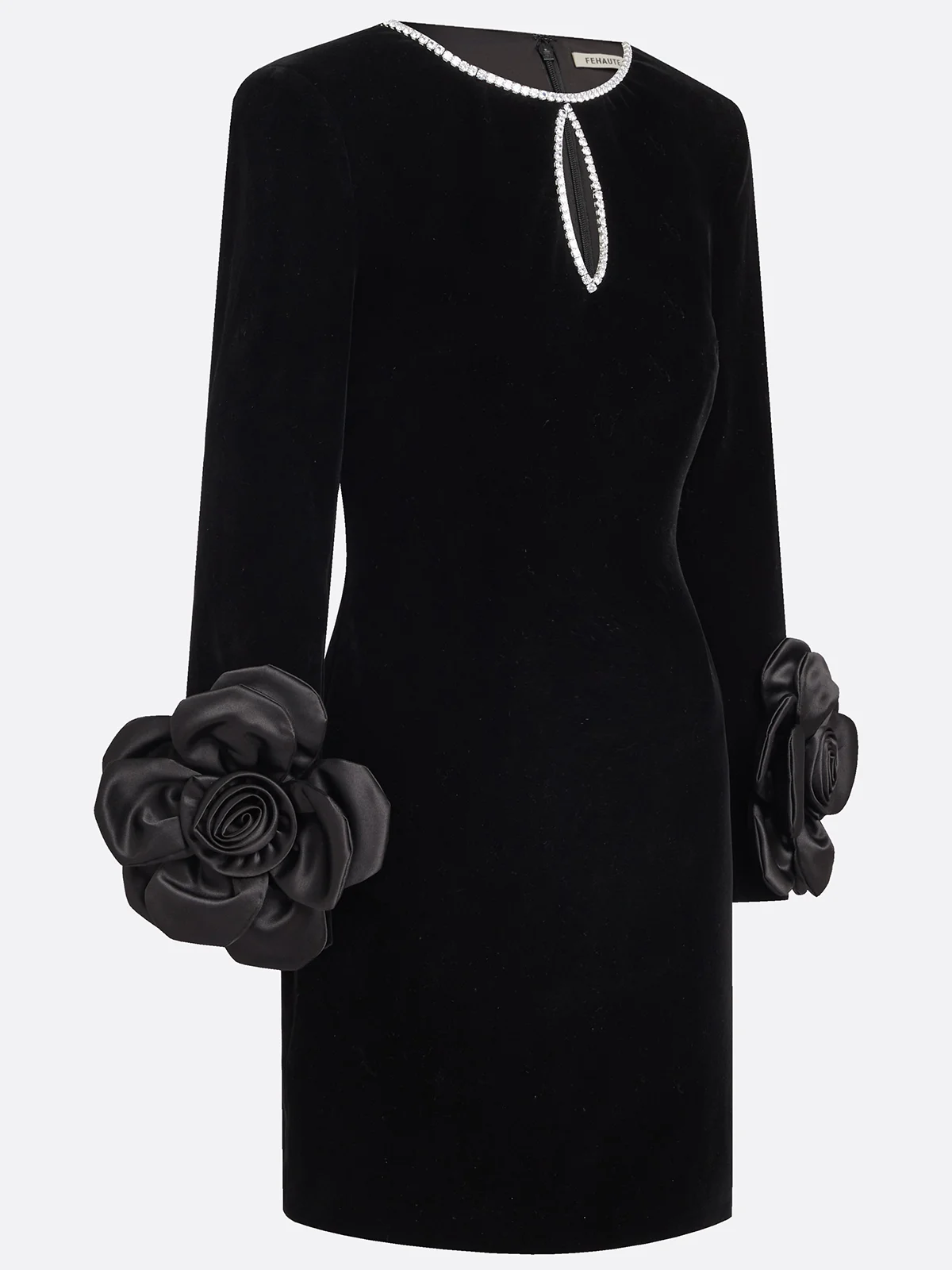 Black 3D Floral Rhinestone Velvet Crew Neck Long Sleeve Sheath Mini Dress