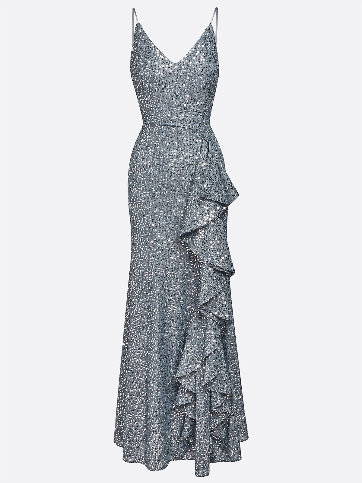 Silver Sequin Ruffled Spaghetti Sleeveless A-Line Gown