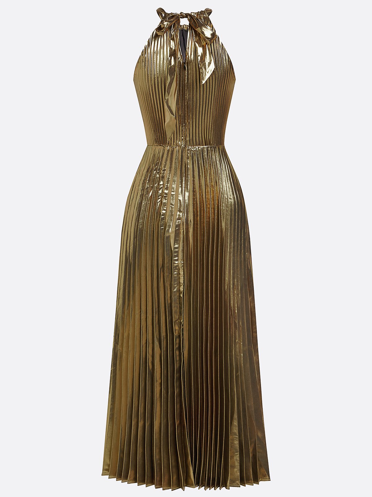Yellow Brown Pleated Satin Halter Sleeveless A-Line Maxi Dress