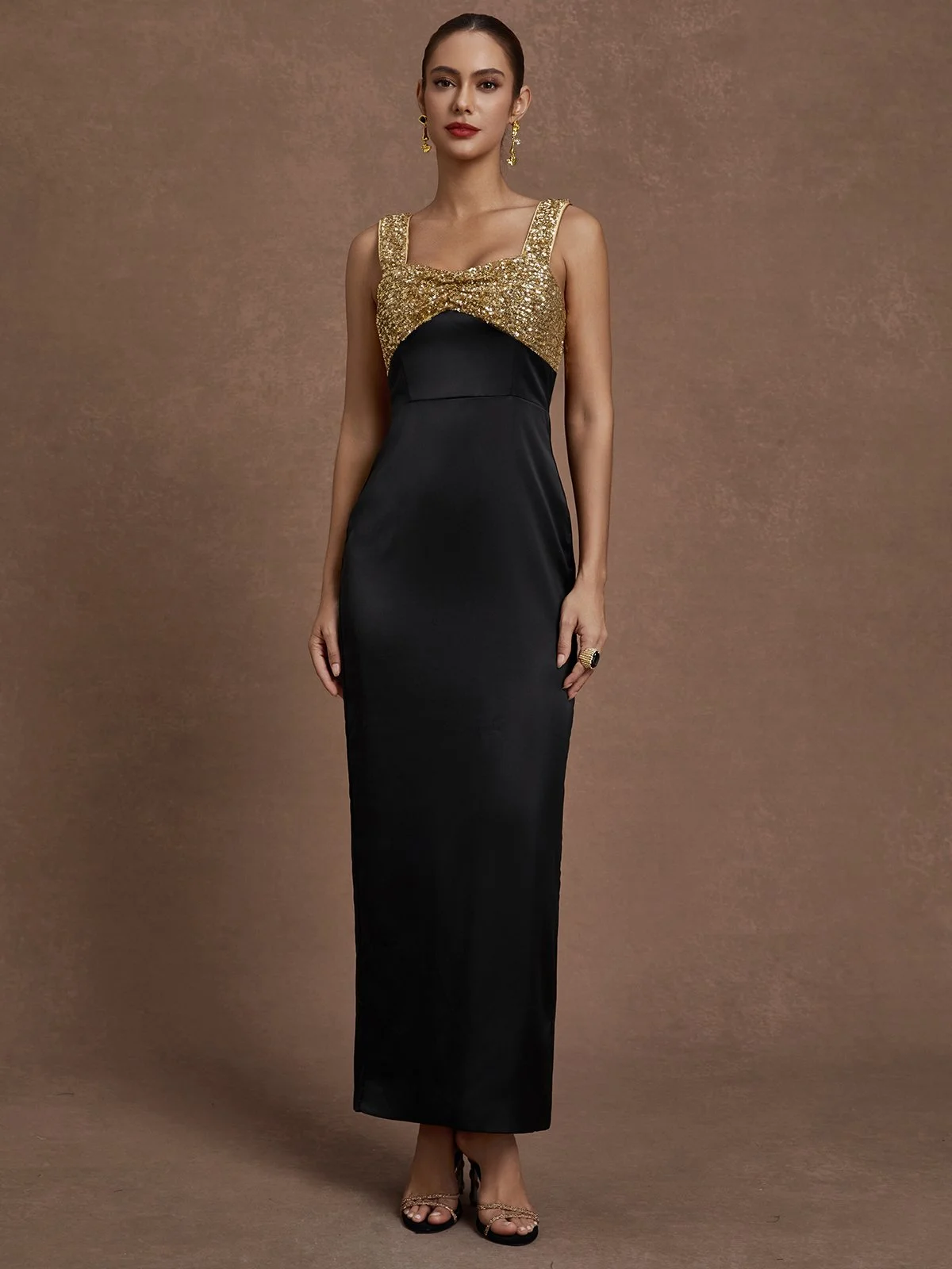 Black Glitter Satin Spaghetti Gallus Sheath Maxi Dress