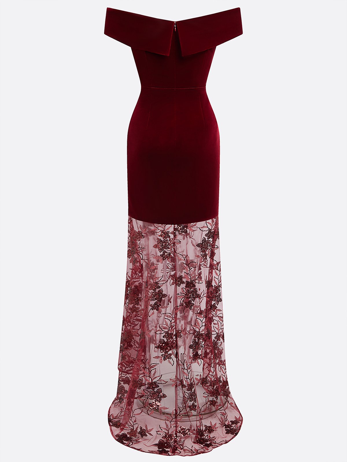 Wine Red Beaded Lace Velvet Off The Shoulder Short Sleeve Mermaid Gown Dress