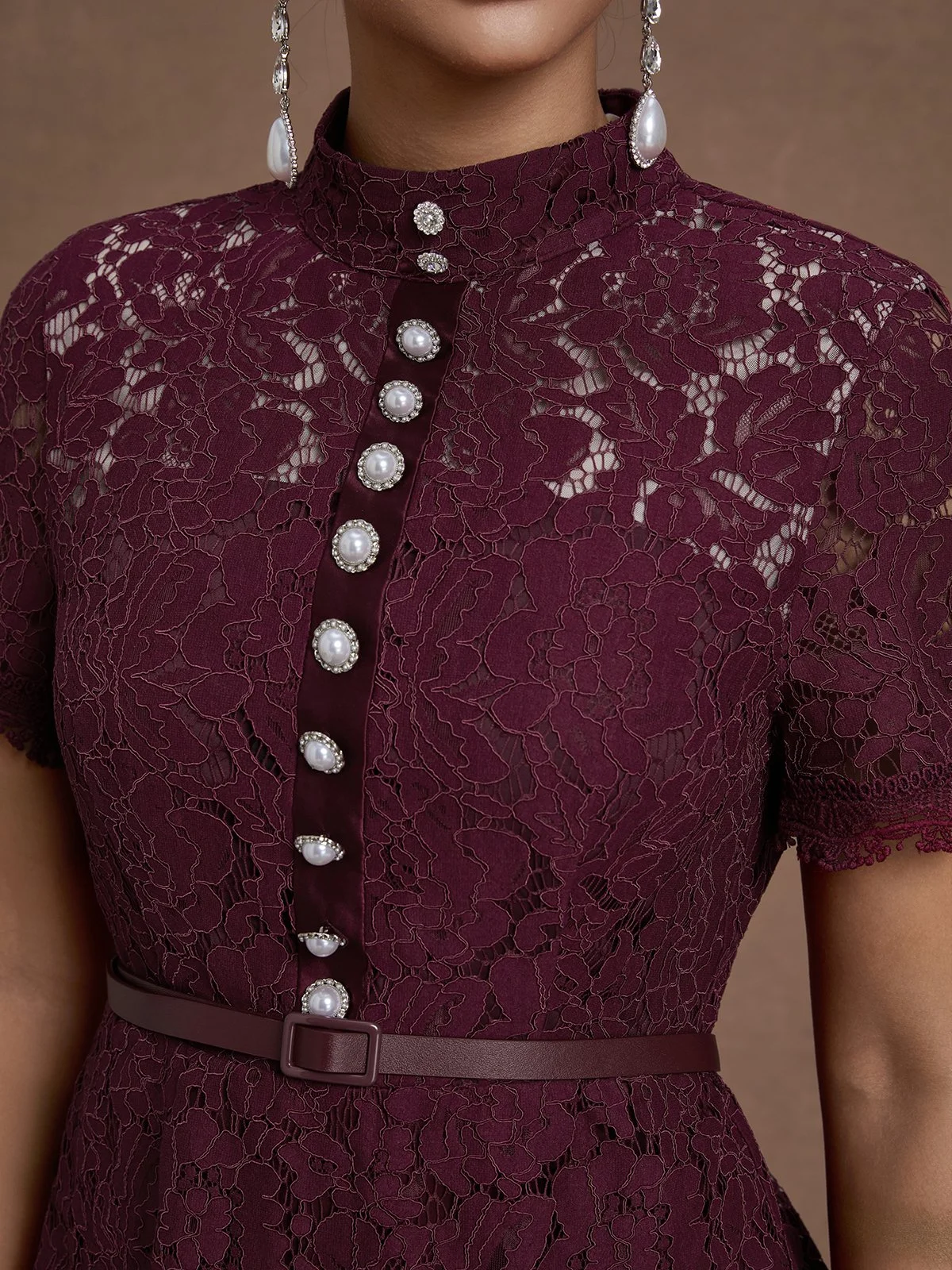 Wine Red Buckle Lace Classic Mock Neck Short Sleeve Mermaid Maxi Dress