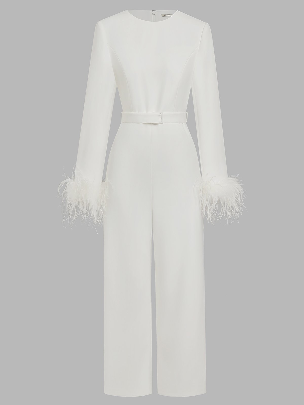 Women White Feather-trimmed Crew Neck Long Sleeve Dressy Jumpsuit