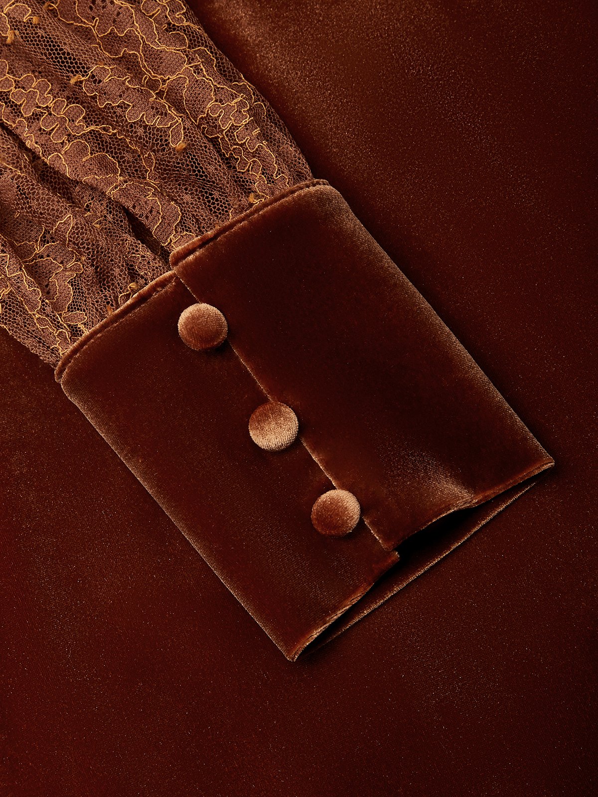 Caramel Lace Ruffled Velvet V Neck Long Sleeve Balloon Sleeve Sheath Maxi Dress