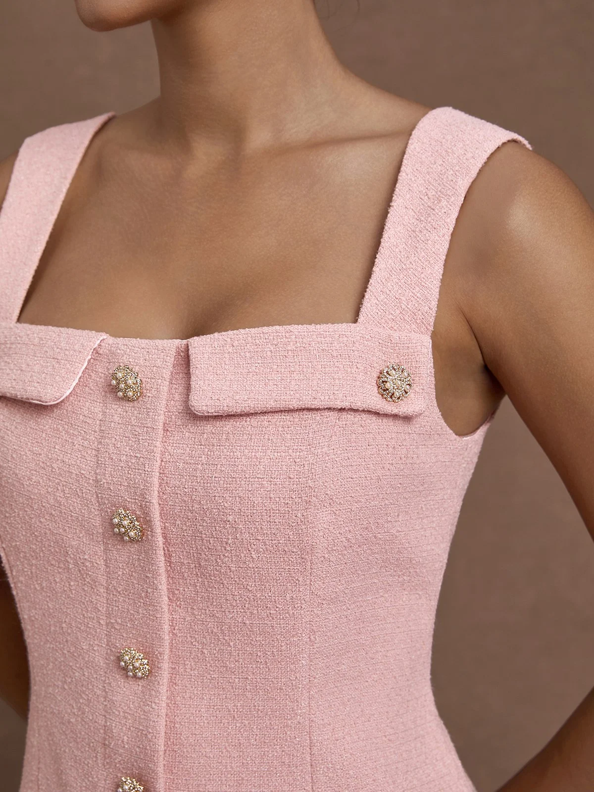 Pink Buckle Pocket Stitching Tweed Spaghetti Sleeveless Sheath Midi Dress