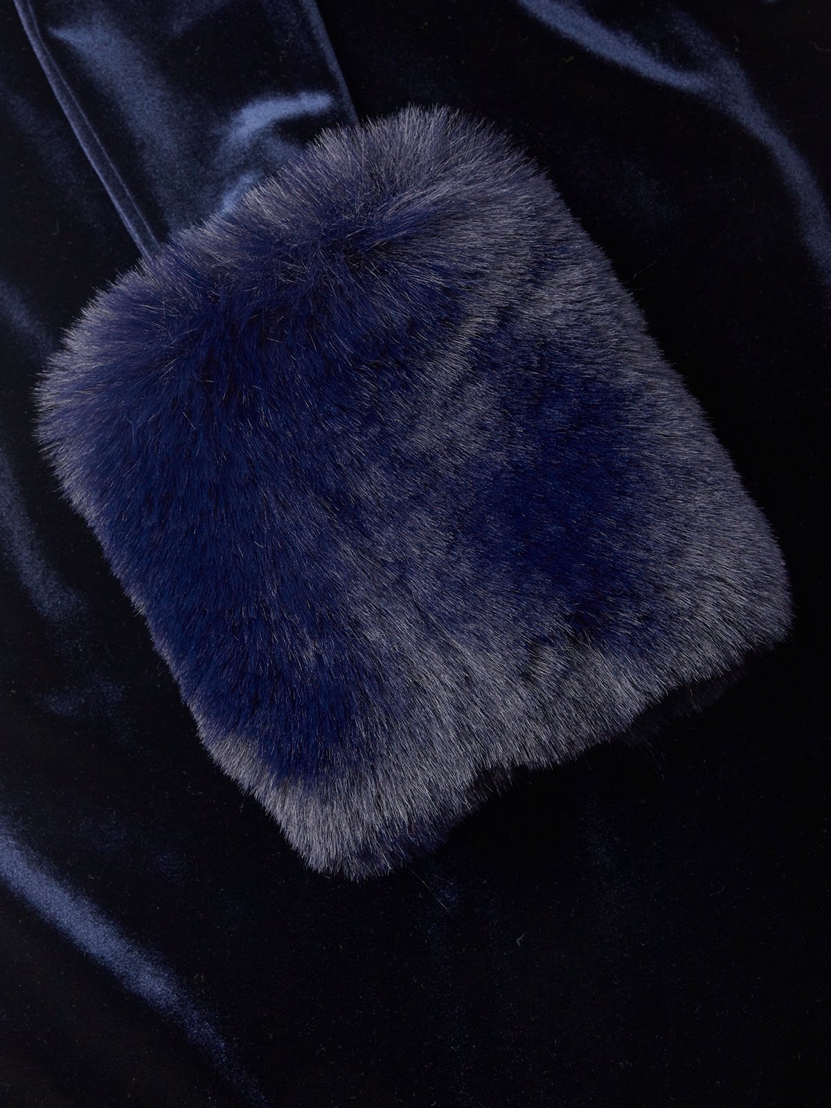 Navy Blue Slit Velvet Crew Neck Faux Fur Long Sleeve Sheath Midi Dress