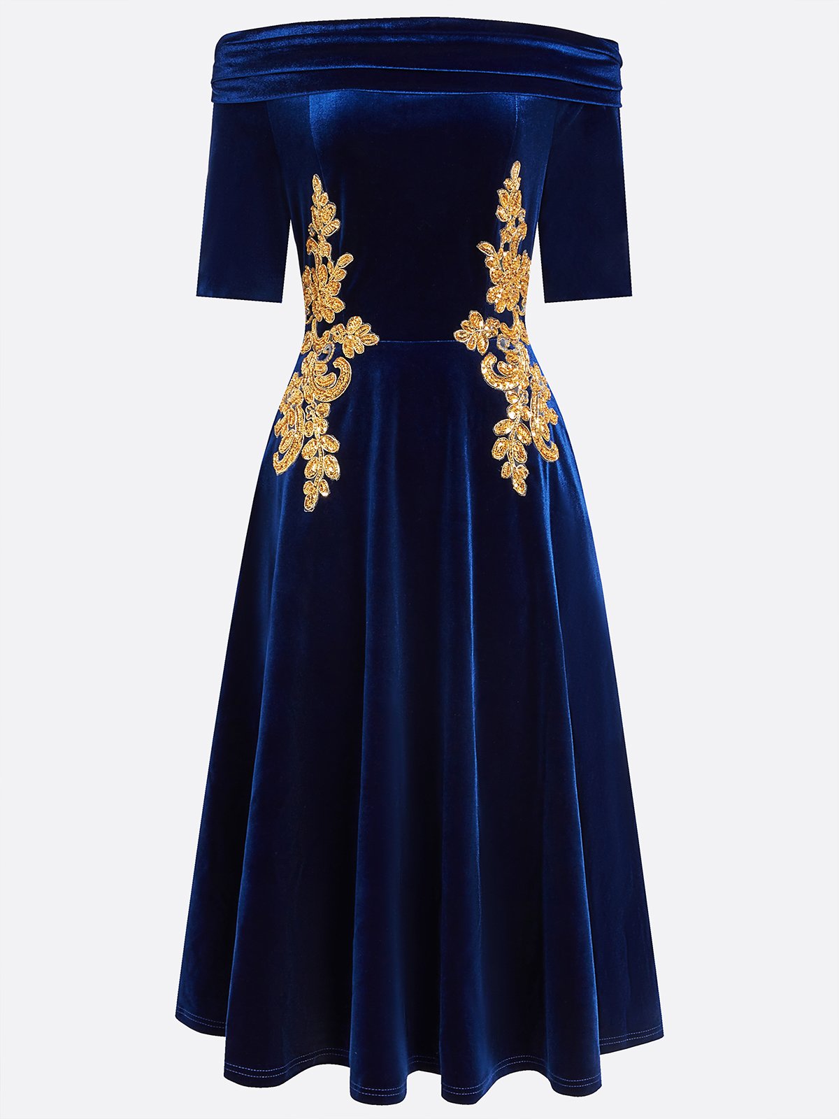 Deep Blue Applique Gathered Velvet Off The Shoulder Half Sleeve A-Line Midi Dress