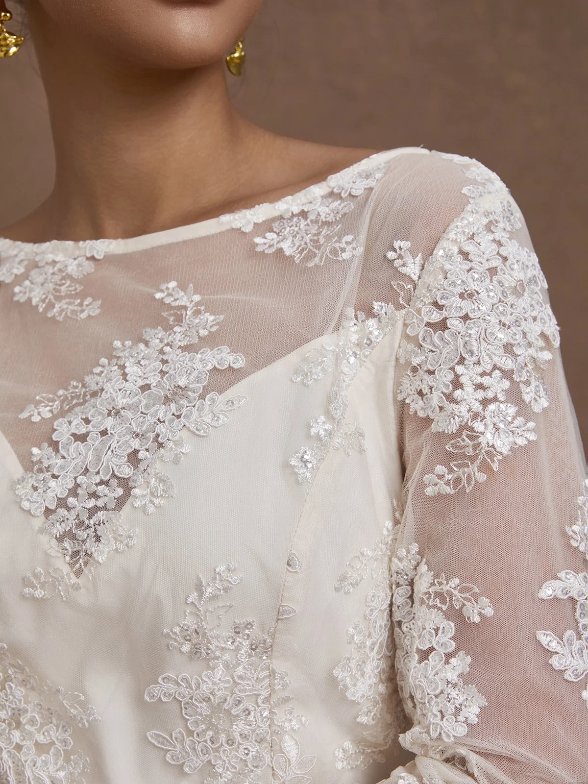 Women Apricot Lace Beaded Boat Neck Long Sleeve Regular Sleeve Dressy Jumpsuit