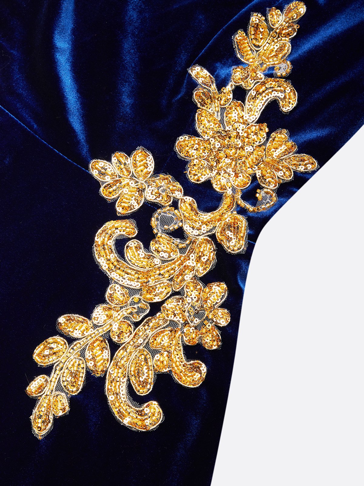 Deep Blue Applique Gathered Velvet Off The Shoulder Half Sleeve A-Line Midi Dress