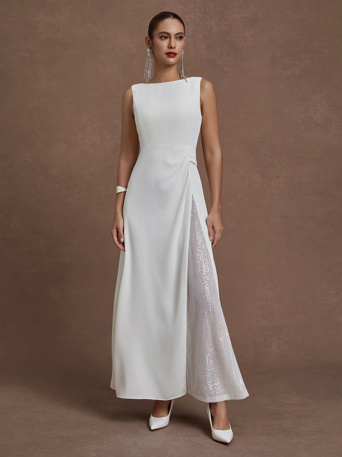 White Sequin Glitter Classic Crew Neck Sleeveless A-Line Maxi Dress