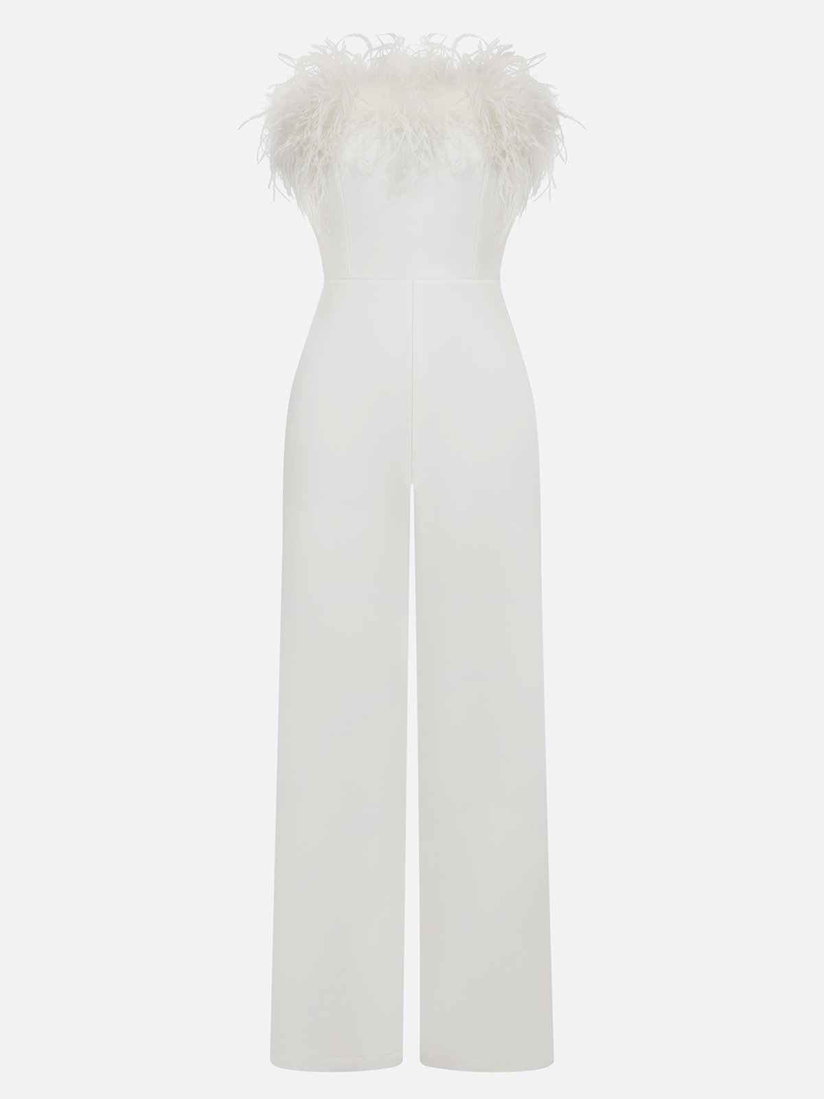 Women White Feather-trimmed Strapless Sleeveless Dressy Jumpsuit