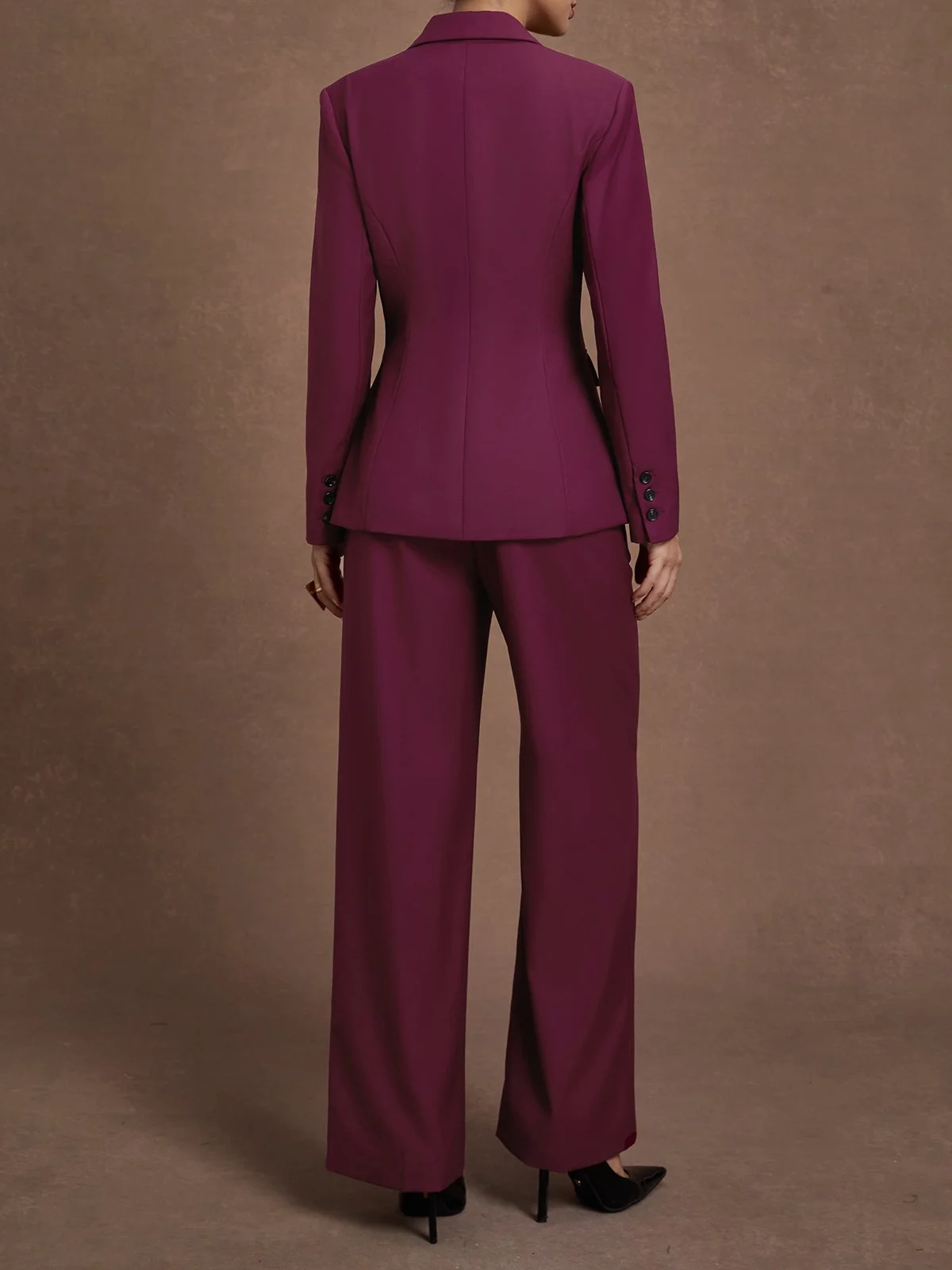 Women Wine Red Buckle Shoulder Pad Lapel Collar Long Sleeve Dressy Coat With Pants Two-Piece Set