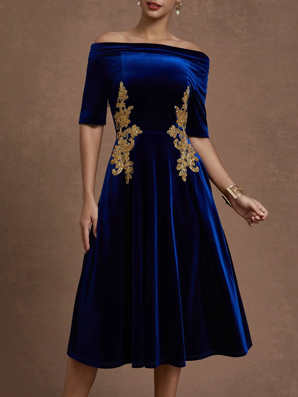 Deep Blue Applique Gathered Velvet Off The Shoulder Half Sleeve A-Line Midi Dress