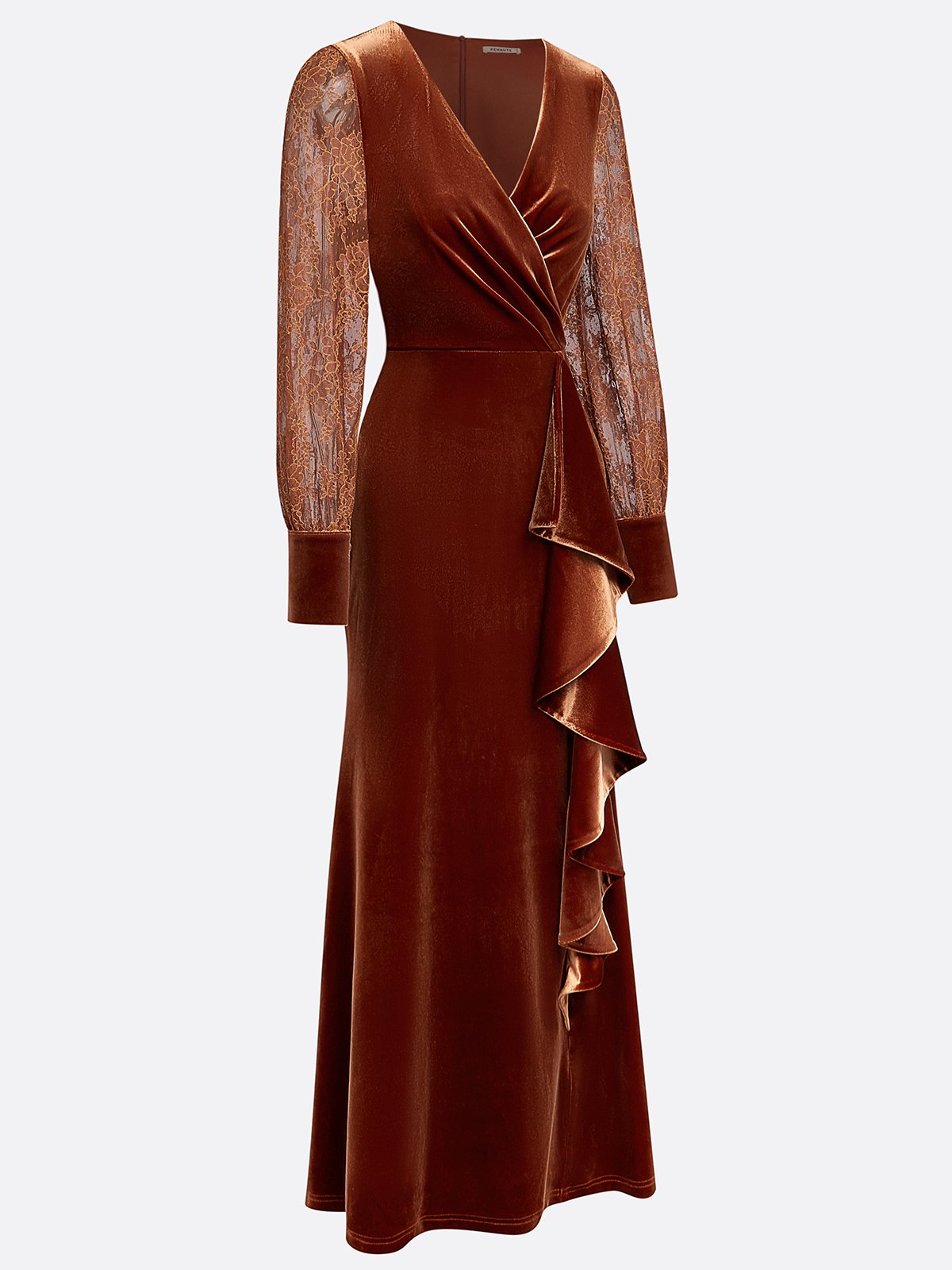 Caramel Lace Ruffled Velvet V Neck Long Sleeve Balloon Sleeve Sheath Maxi Dress