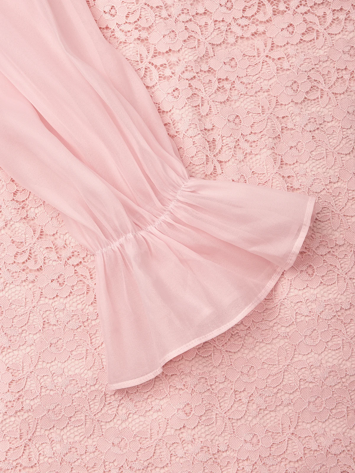 Women Pink Lace Bow Crew Neck Long Sleeve Bell Sleeve Dressy Top With Skirt Two-Piece Set