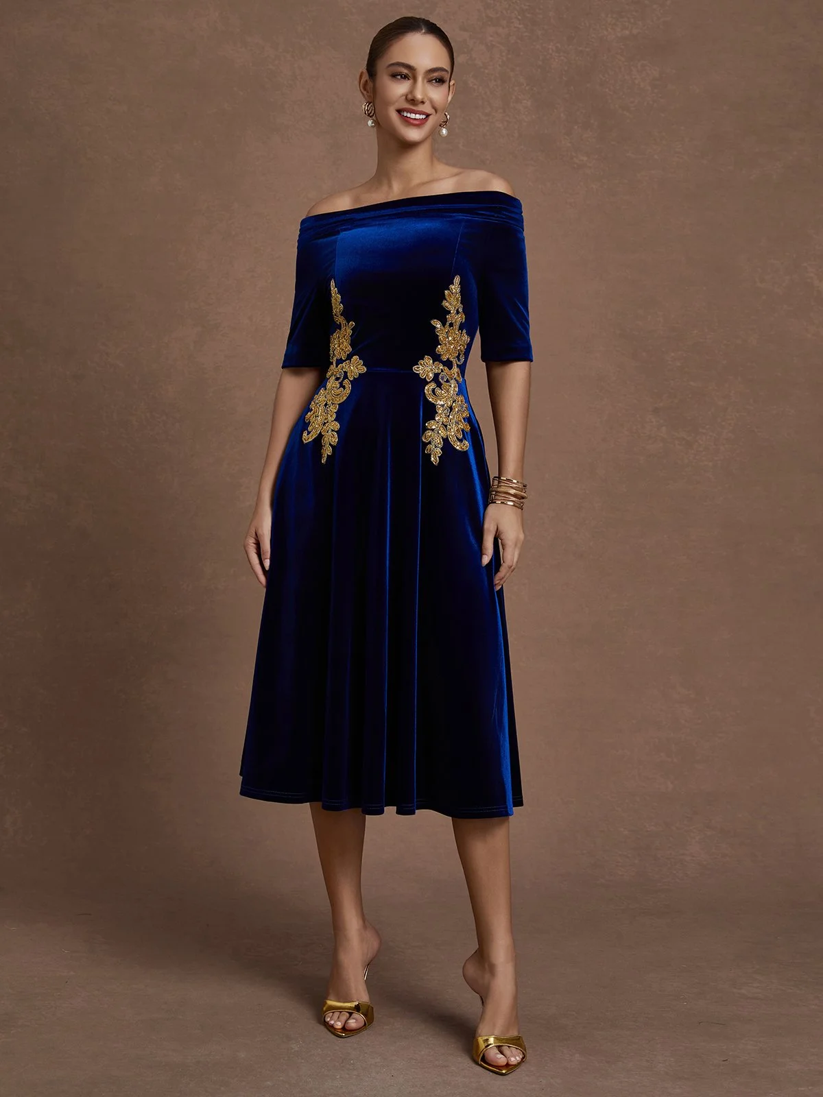 Deep Blue Applique Gathered Velvet Off The Shoulder Half Sleeve A-Line Midi Dress