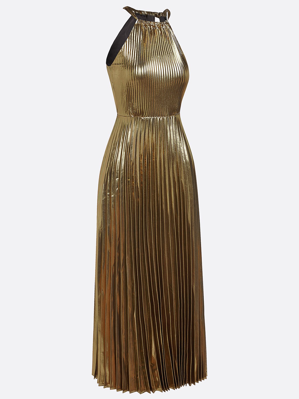 Yellow Brown Pleated Satin Halter Sleeveless A-Line Maxi Dress