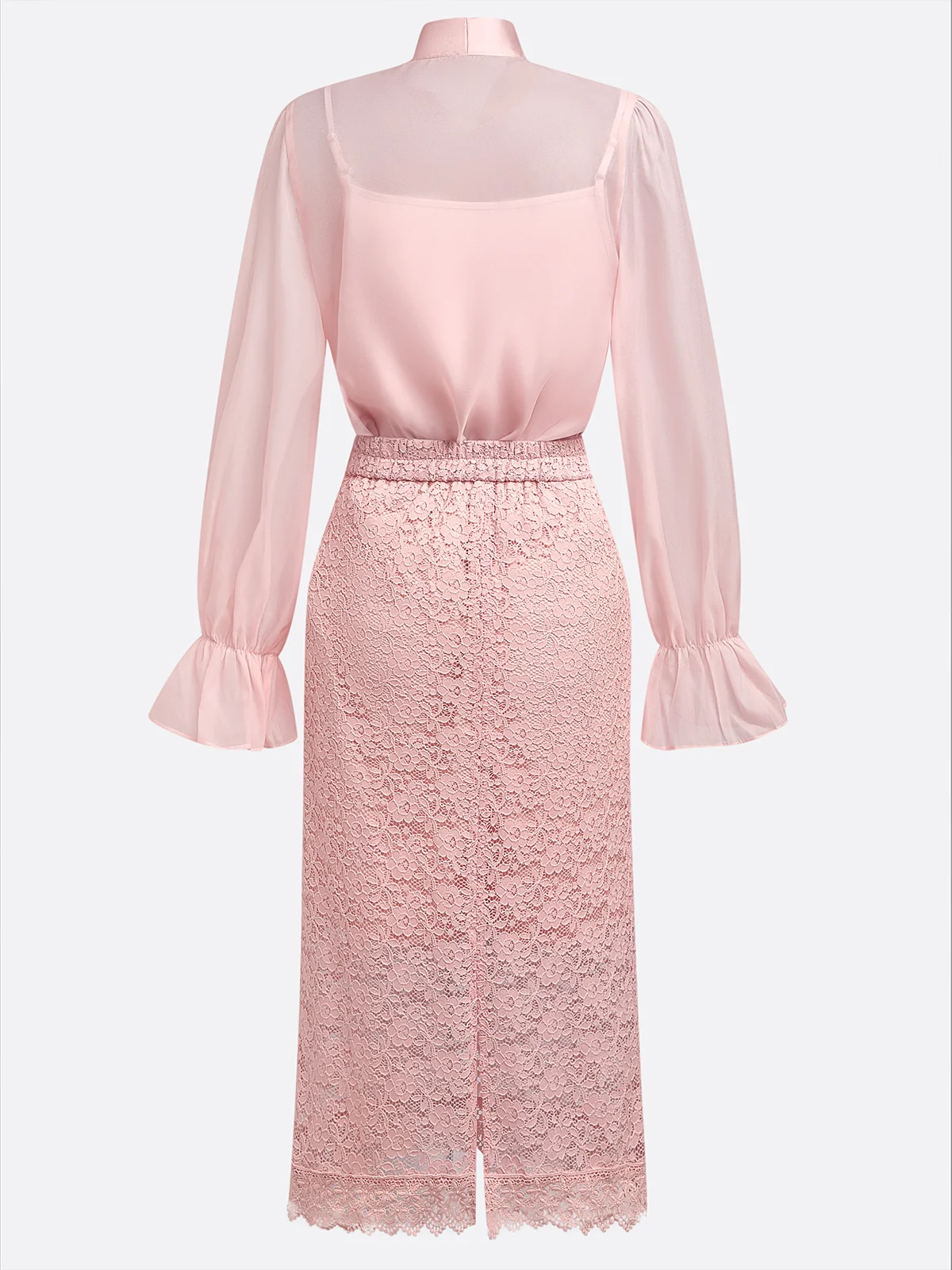 Women Pink Lace Bow Crew Neck Long Sleeve Bell Sleeve Dressy Top With Skirt Two-Piece Set