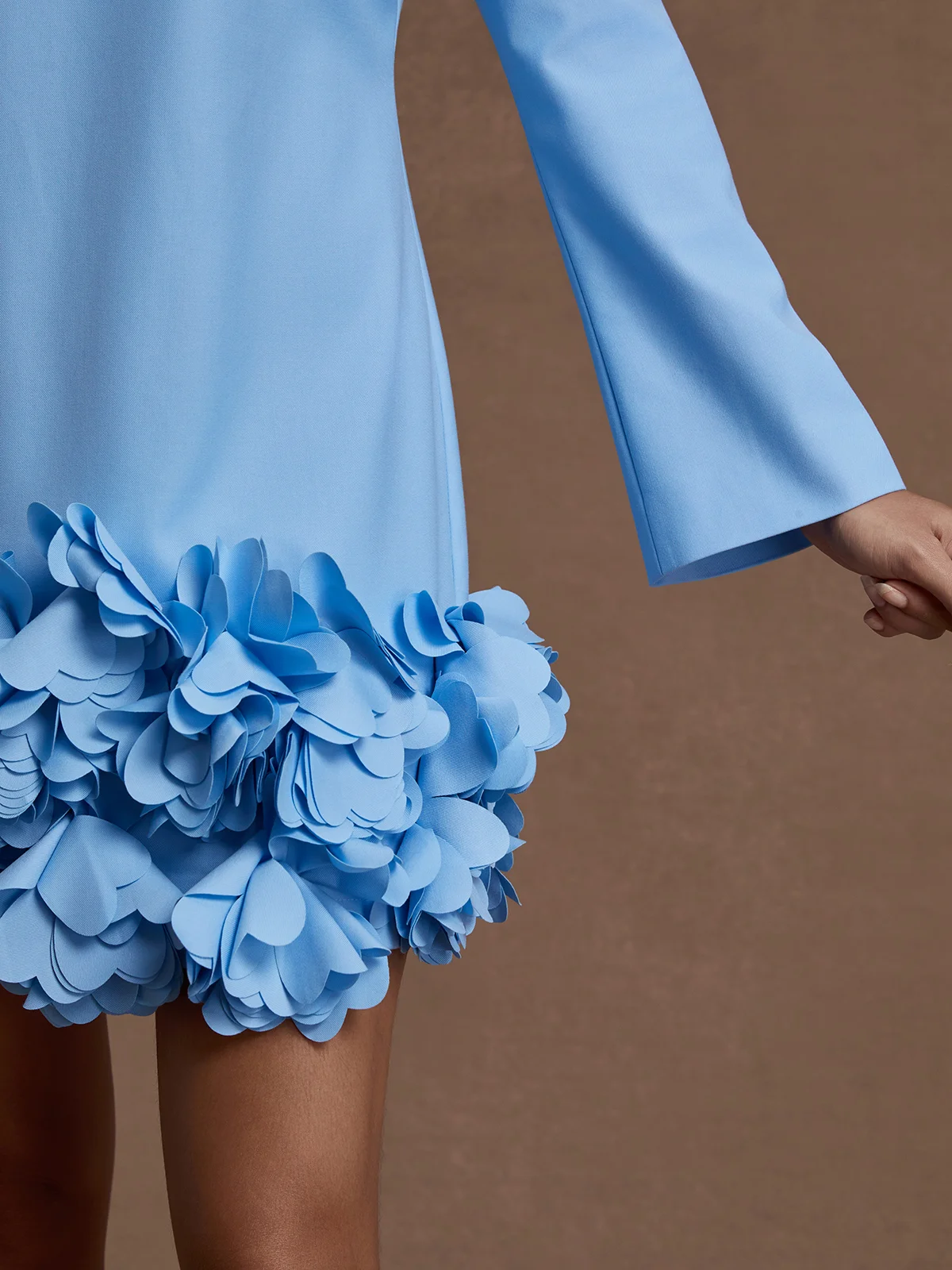 Light Blue 3D Floral Classic Crew Neck Long Sleeve Bell Sleeve Shift Mini Dress