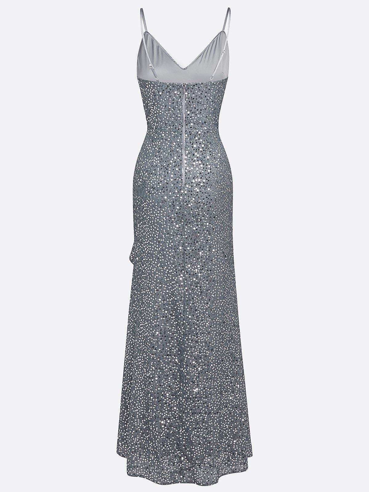 Silver Sequin Ruffled Spaghetti Sleeveless A-Line Gown