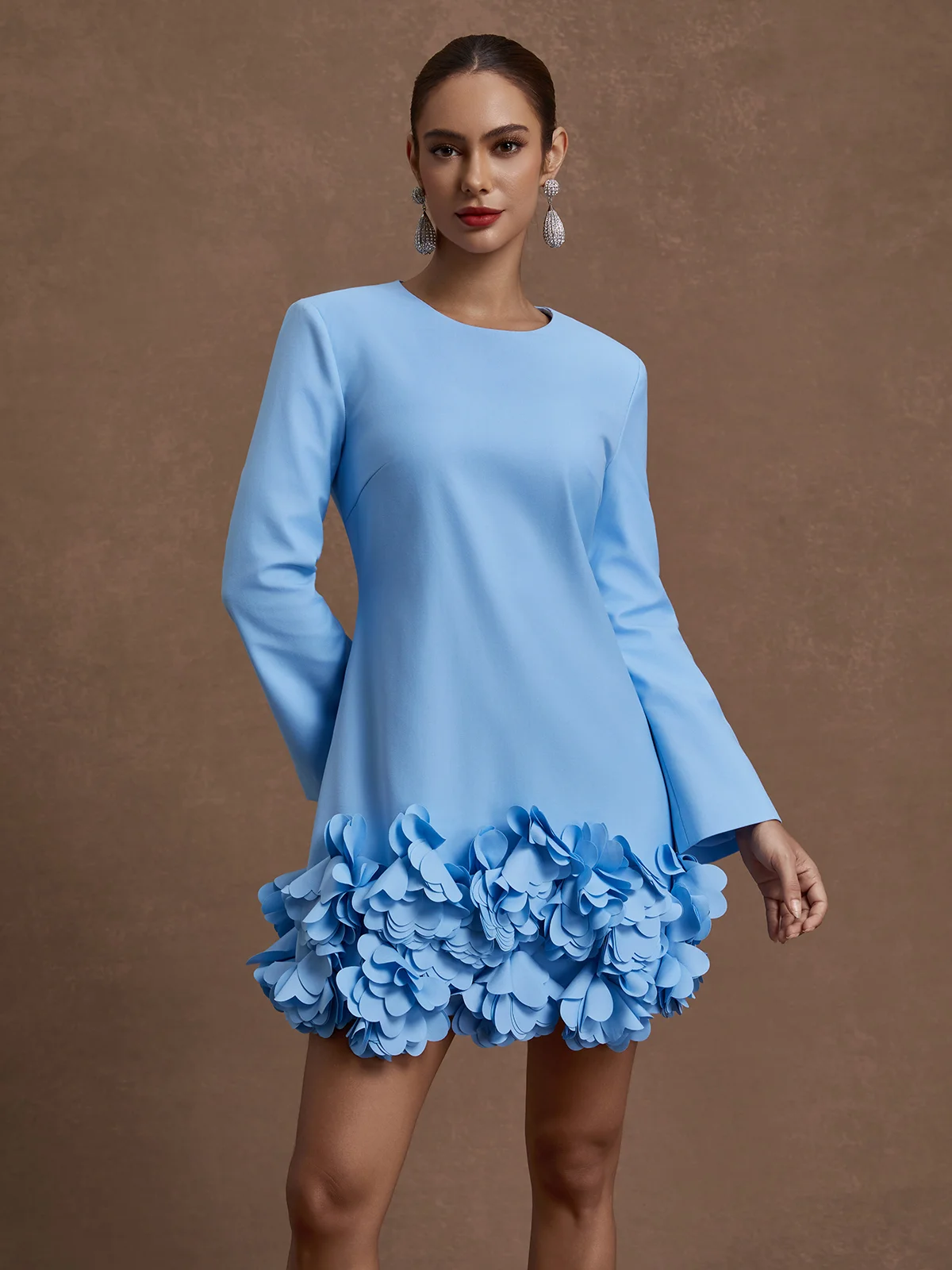Light Blue 3D Floral Classic Crew Neck Long Sleeve Bell Sleeve Shift Mini Dress