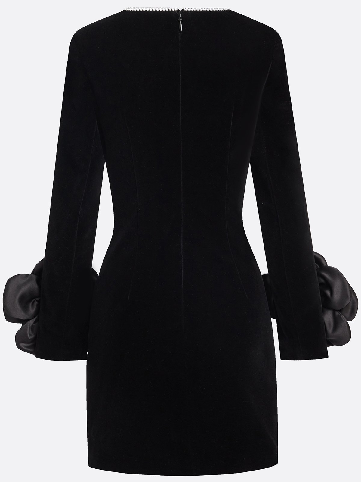 Black 3D Floral Rhinestone Velvet Crew Neck Long Sleeve Sheath Mini Dress