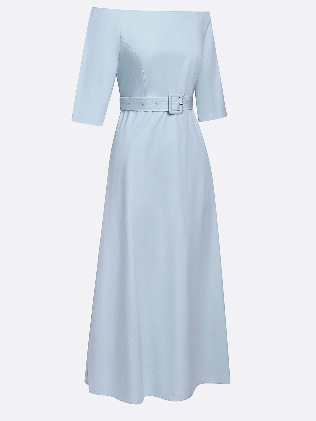 Light Blue Cotton Lyocell Off The Shoulder Half Sleeve A-Line Maxi Dress