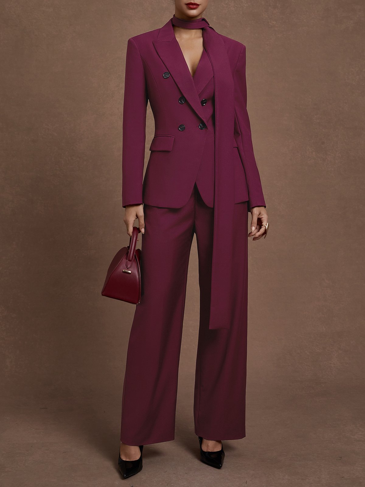Women Wine Red Buckle Shoulder Pad Lapel Collar Long Sleeve Dressy Coat With Pants Two-Piece Set