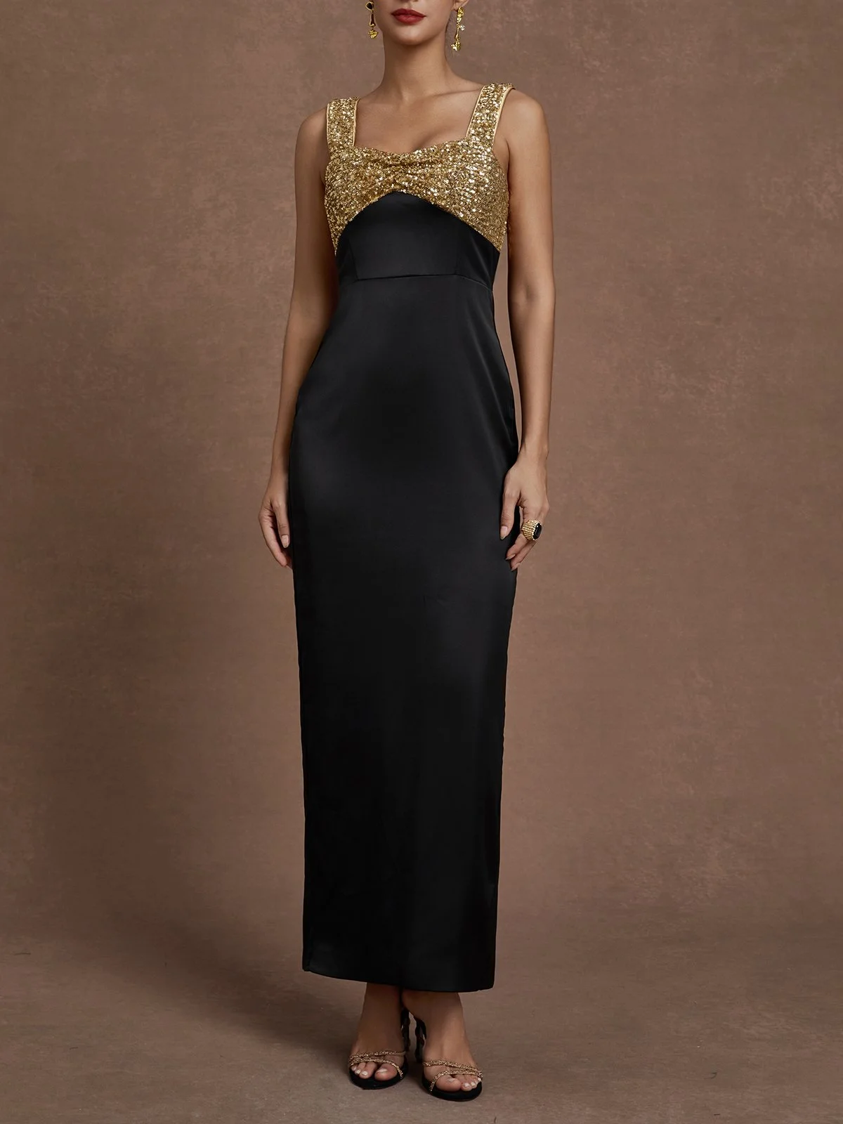 Black Glitter Satin Spaghetti Gallus Sheath Maxi Dress