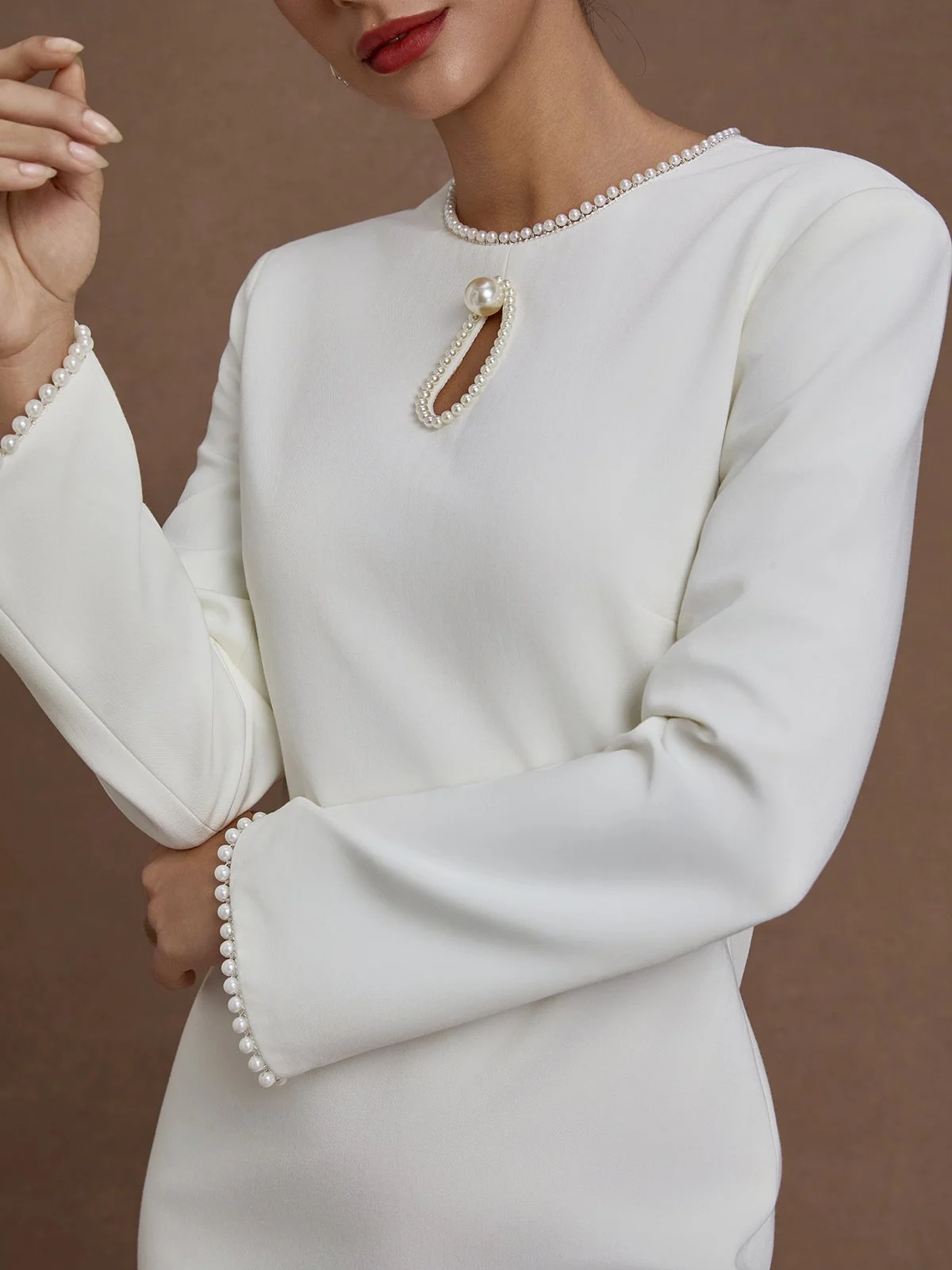 White Imitation Pearls Cut Out Classic Crew Neck Long Sleeve Shift Mini Dress