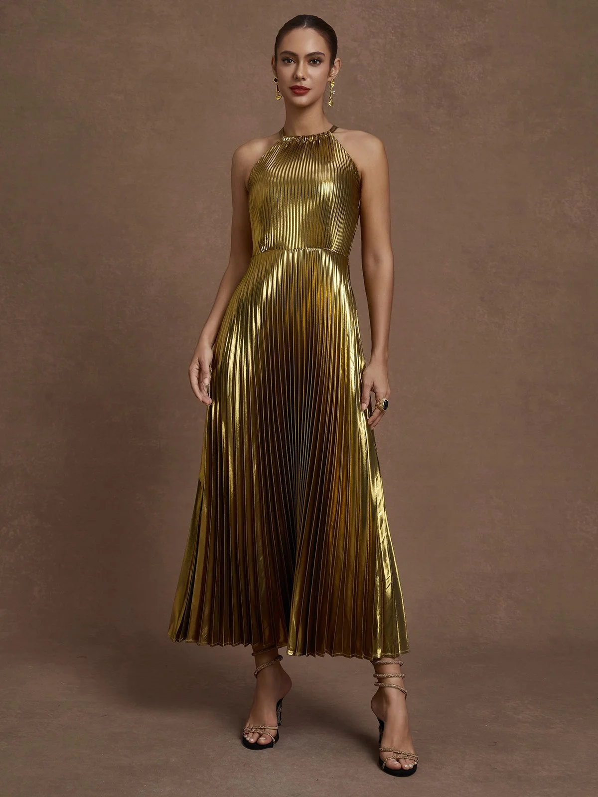 Yellow Brown Pleated Satin Halter Sleeveless A-Line Maxi Dress