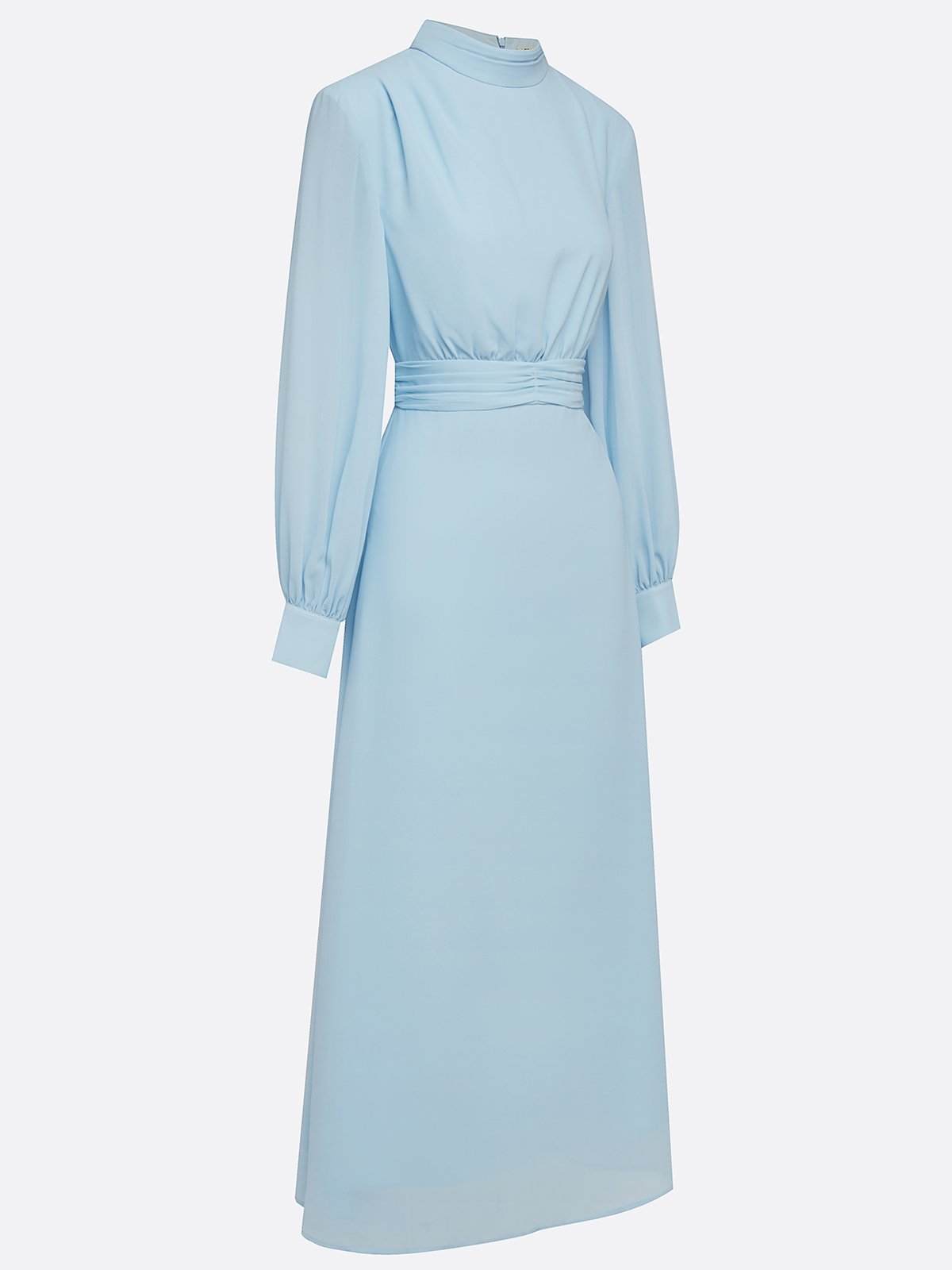Light Blue Chiffon Mock Neck Long Sleeve Balloon Sleeve A-Line Maxi Dress
