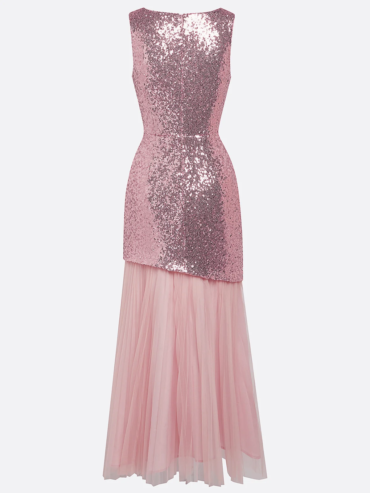 Pink Pleated Sequin V Neck Sleeveless Mermaid Maxi Dress