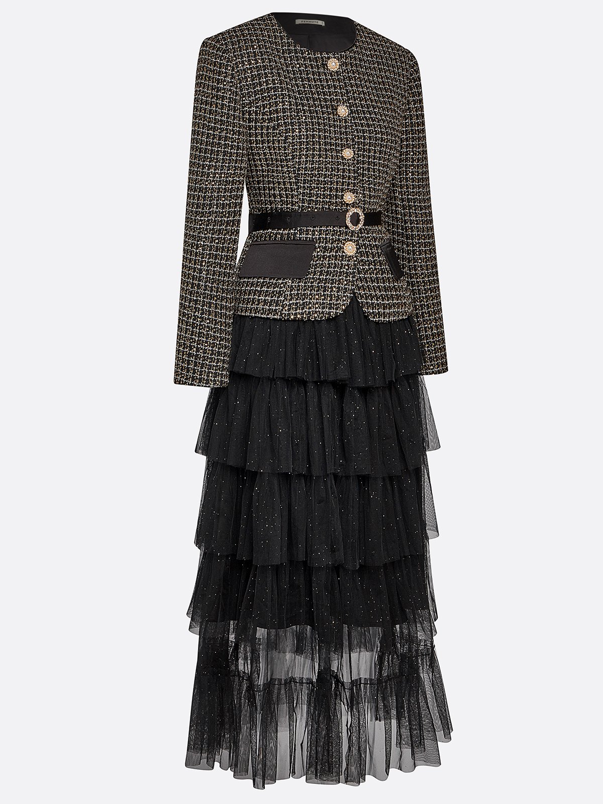 Women Black Tweed Tulle Buckle Stamped Bronzing Crew Neck Long Sleeve Dressy Coat With Skirt Two-Piece Set