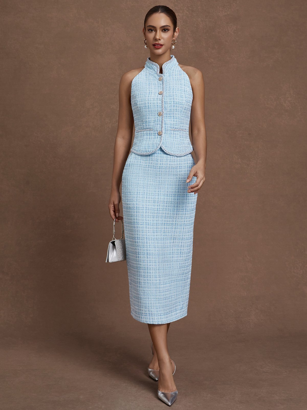 Women Blue Buckle Rhinestone Turtleneck Sleeveless Dressy Top With Skirt Two-Piece Set