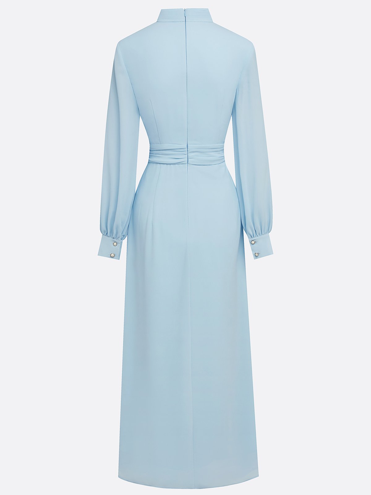 Light Blue Chiffon Mock Neck Long Sleeve Balloon Sleeve A-Line Maxi Dress