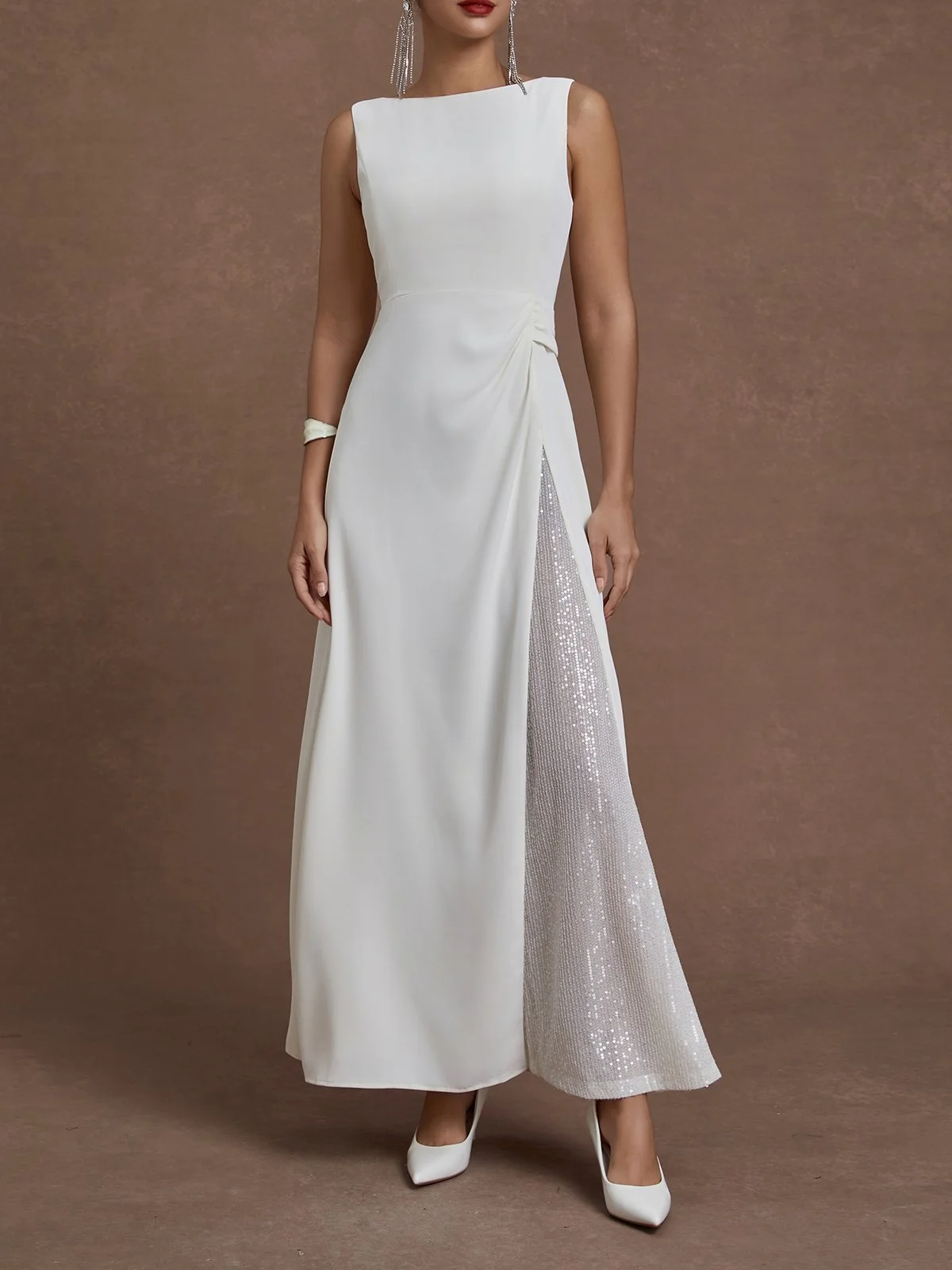 White Sequin Glitter Classic Crew Neck Sleeveless A-Line Maxi Dress