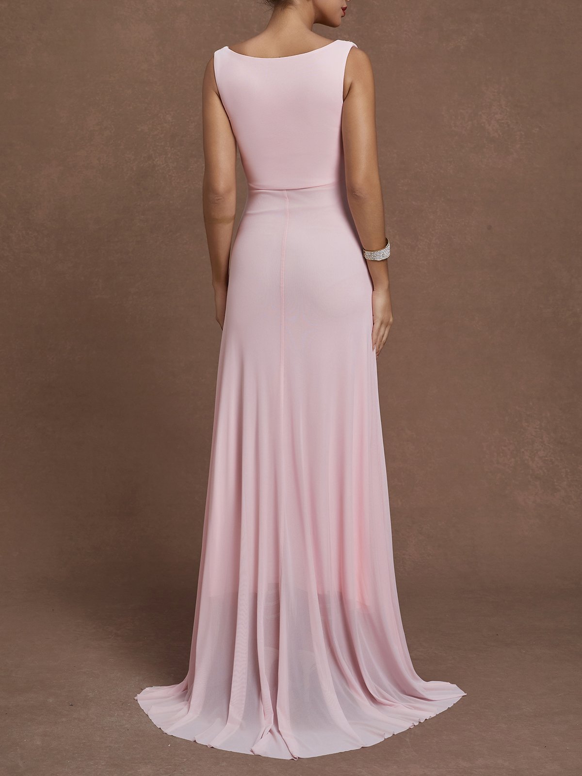 Pink Ruched Slit Tulle Cowl Neck Sleeveless A-Line Gown Dress