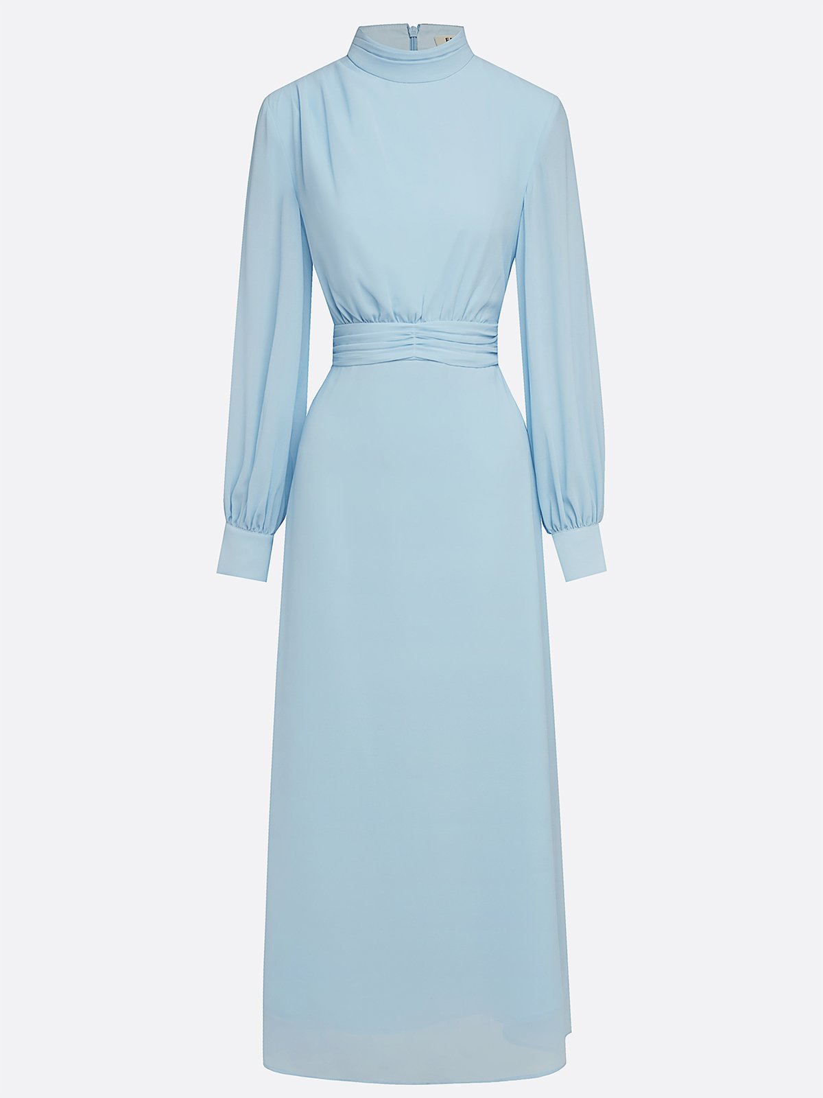 Light Blue Chiffon Mock Neck Long Sleeve Balloon Sleeve A-Line Maxi Dress