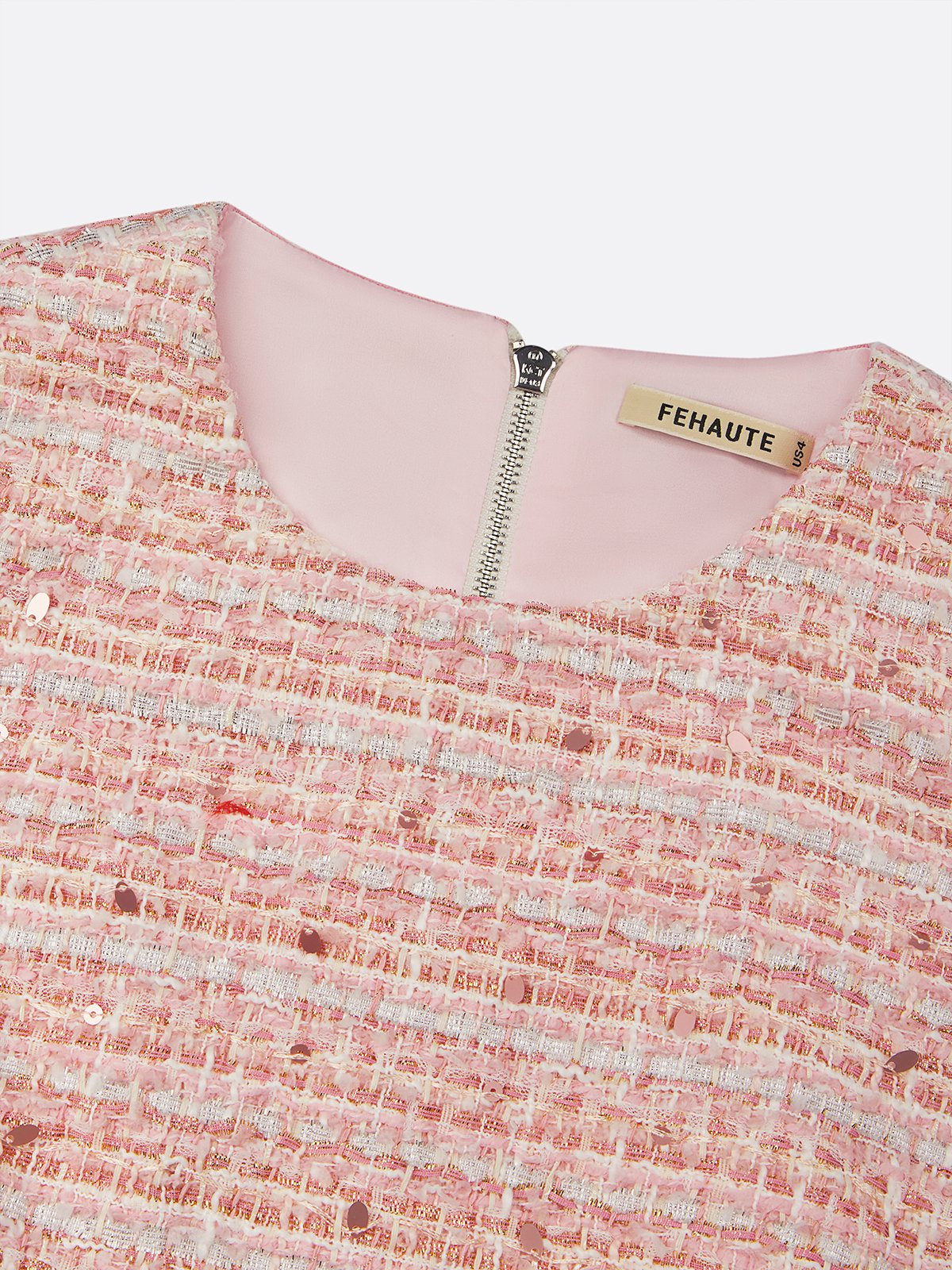 Pink Ruffled Tweed Crew Neck Sleeveless Sheath Mini Dress