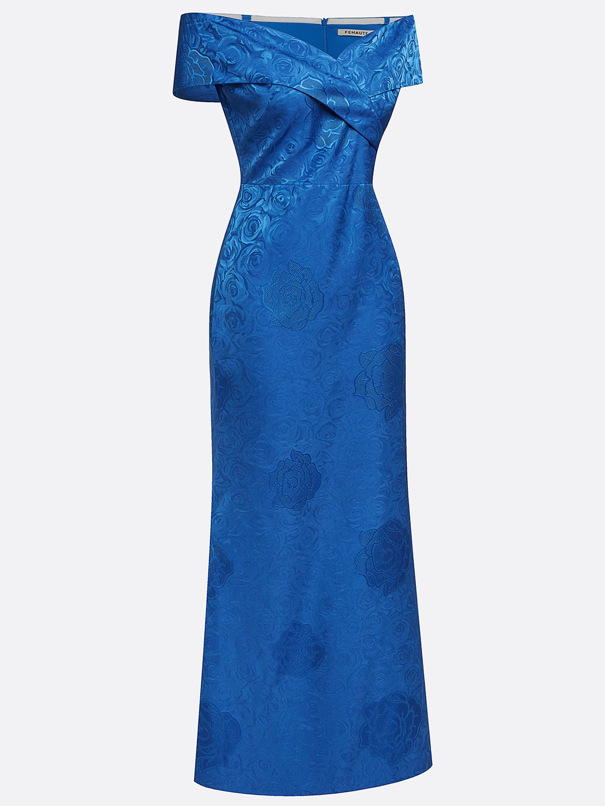 Blue Jacquard Floral Satin Off The Shoulder Sleeveless Sheath Maxi Dress