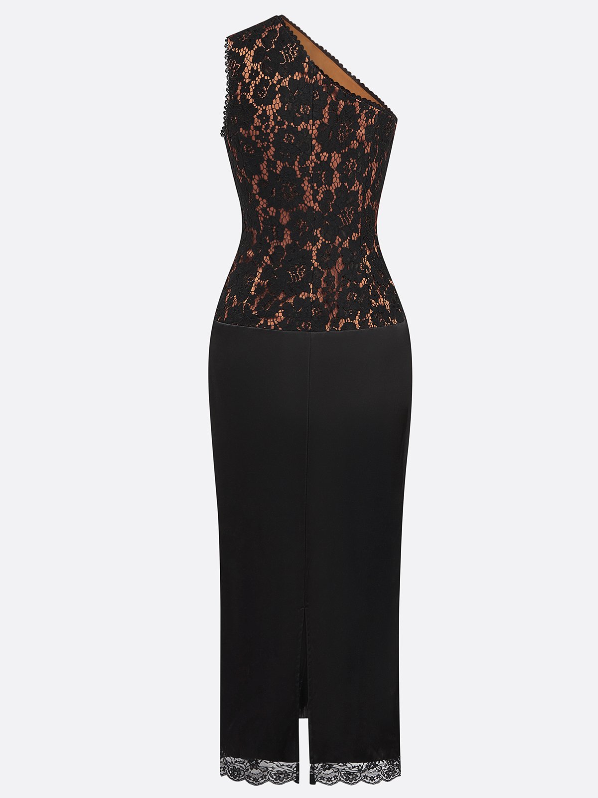 Black Lace One Shoulder Sleeveless Sheath Maxi Dress