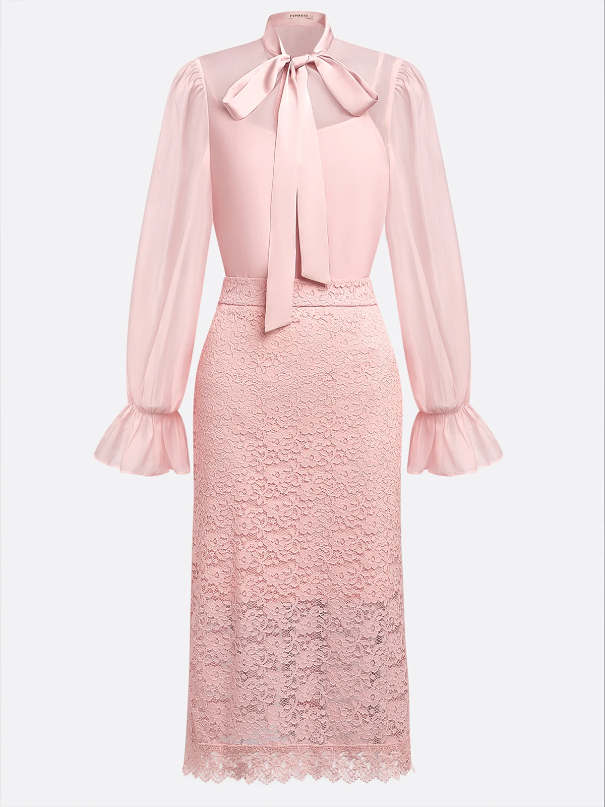 Women Pink Lace Bow Crew Neck Long Sleeve Bell Sleeve Dressy Top With Skirt Two-Piece Set