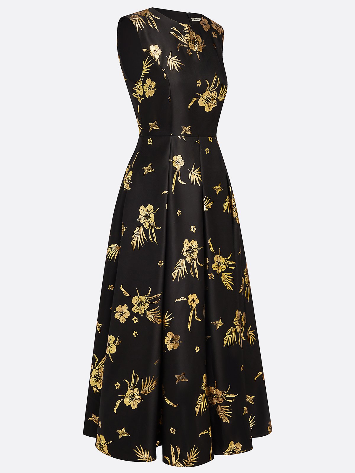 Black Stamped Bronzing Satin Crew Neck Sleeveless A-Line Maxi Dress