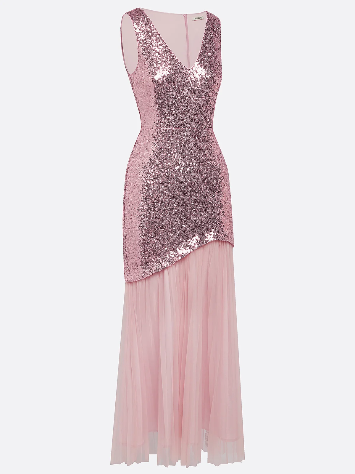 Pink Pleated Sequin V Neck Sleeveless Mermaid Maxi Dress