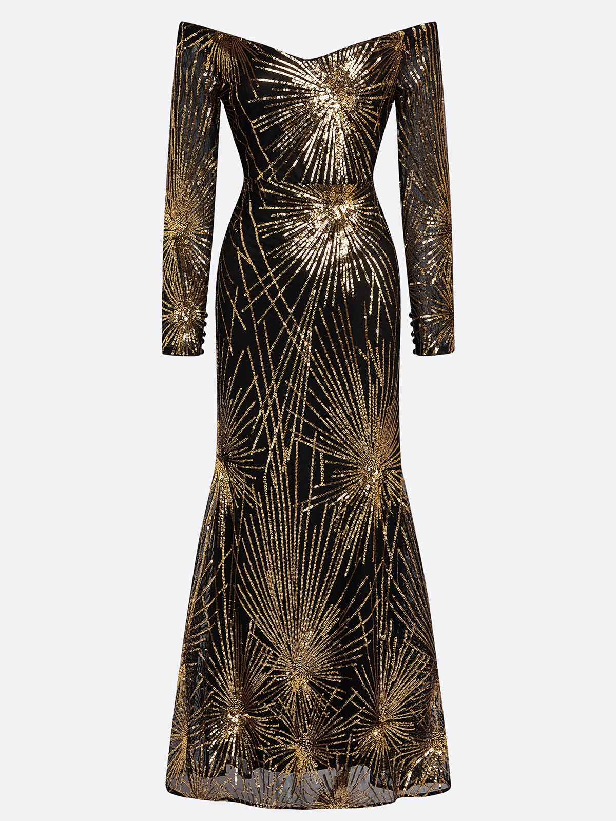 Golden-Black Off The Shoulder Gown Mermaid Sequin Dress