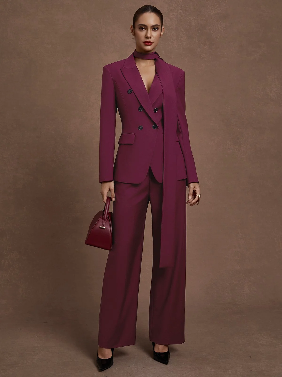 Women Wine Red Buckle Shoulder Pad Lapel Collar Long Sleeve Dressy Coat With Pants Two-Piece Set