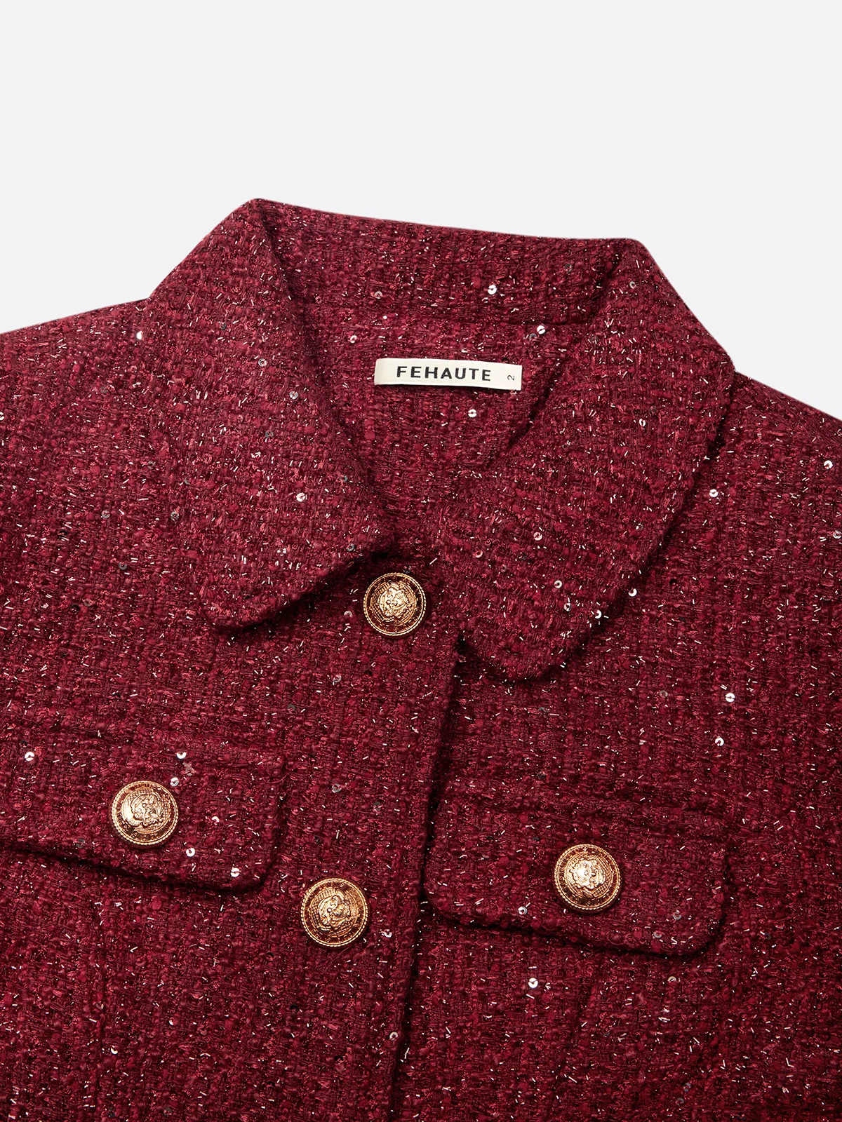 Burgundy Buckle Tweed Pointed Collar Long Sleeve A-Line Midi Dress